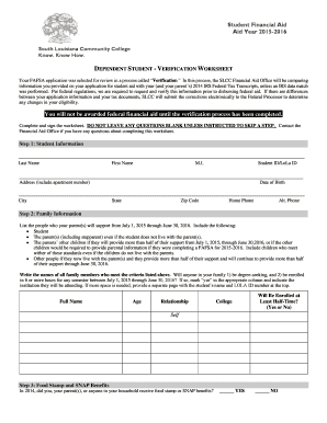 Dependent Student Verification Worksheet