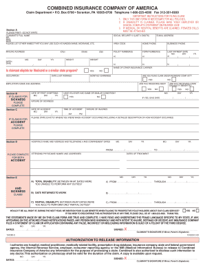 Combined Insurance Accident and Health Claim Form
