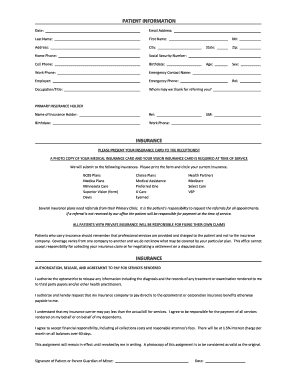 Patient Information and Insurance Authorization Form
