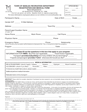 Town of Manlius Recreation Program Registration and Medical Form