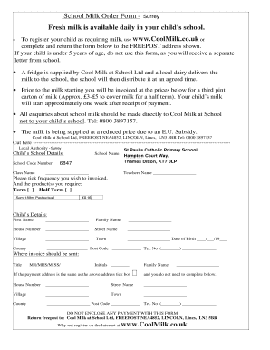 School Milk Order Form - Surrey