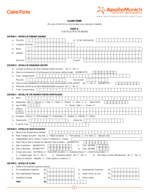Apollo Munich Health Insurance Claim Form