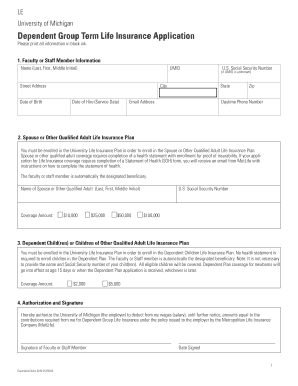 University of Michigan Dependent Group Term Life Insurance Application