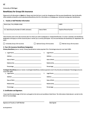 University of Michigan Group Life Insurance Beneficiary Form