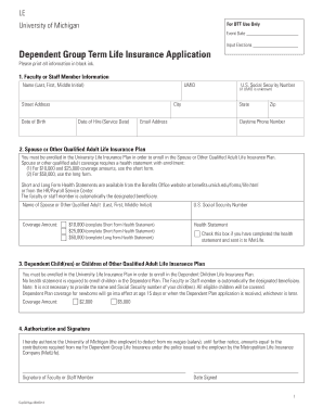 University of Michigan Dependent Group Term Life Insurance Application