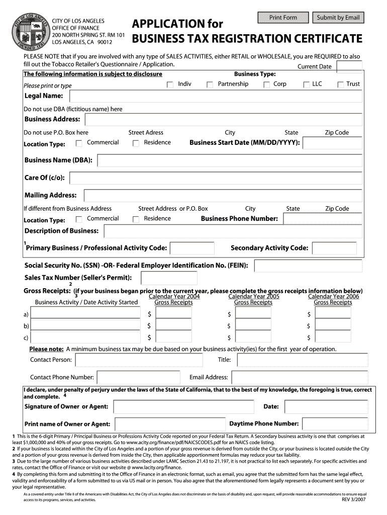 Fillable Online APPLICATION for BUSINESS bTAXb REGISTRATION CERTIFICATE ...