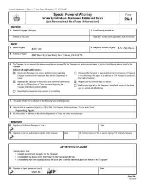 Vermont Special Power of Attorney Form PA-1