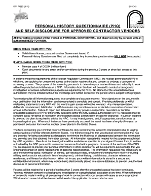Personal History Questionnaire for Nuclear Power Plant Access