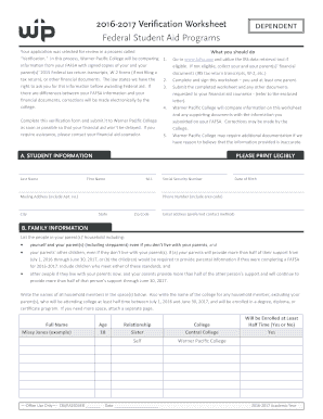 2016-2017 Verification Worksheet for Dependent Students