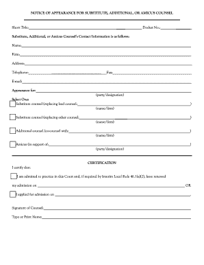 Notice of Appearance for Substitute, Additional, or Amicus Counsel