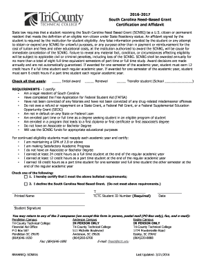 South Carolina Need-Based Grant Certification and Affidavit