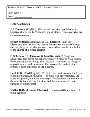 Science Journal: Atomic Structure Note Card
