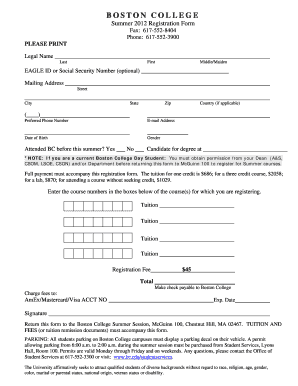Boston College Summer 2012 Registration Form