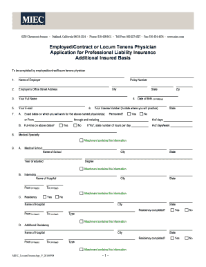 Locum Tenens Physician Professional Liability Insurance Application