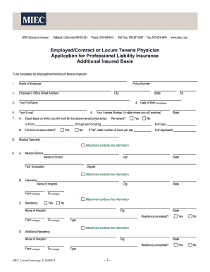 Locum Tenens Physician Professional Liability Insurance Application
