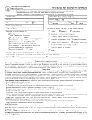 Iowa Sales Tax Exemption Certificate