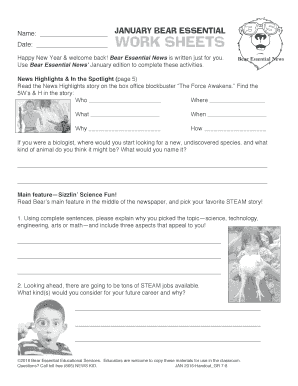 January Bear Essential Worksheet