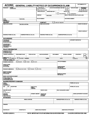 ACORD General Liability Notice of Occurrence/Claim