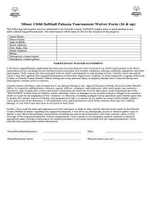 Minor Child Softball Palooza Tournament Waiver Form