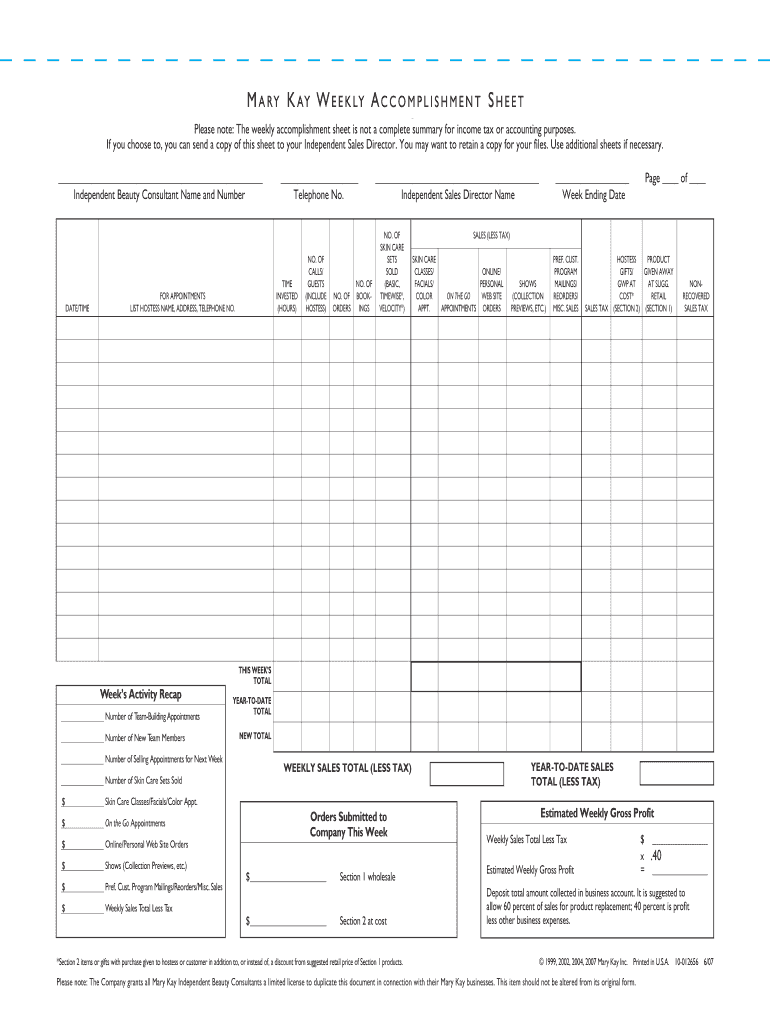 mary kay weekly accomplishment sheet Preview on Page 1