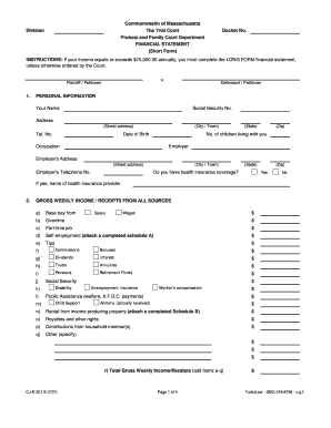 Massachusetts Short Form Financial Statement
