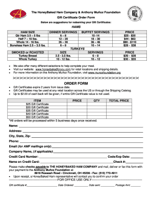 HoneyBaked Ham Gift Certificate Order Form