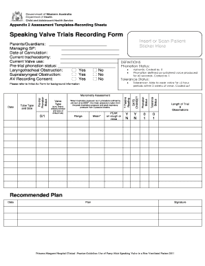 Speaking Valve Trials Recording Form