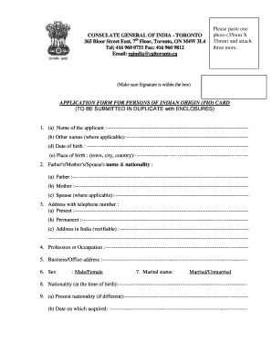 Application Form for Persons of Indian Origin (PIO) Card