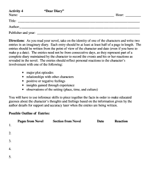 Dear Diary Character Journal Activity