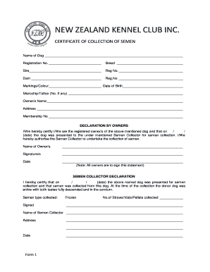 New Zealand Kennel Club Semen Collection Certificate