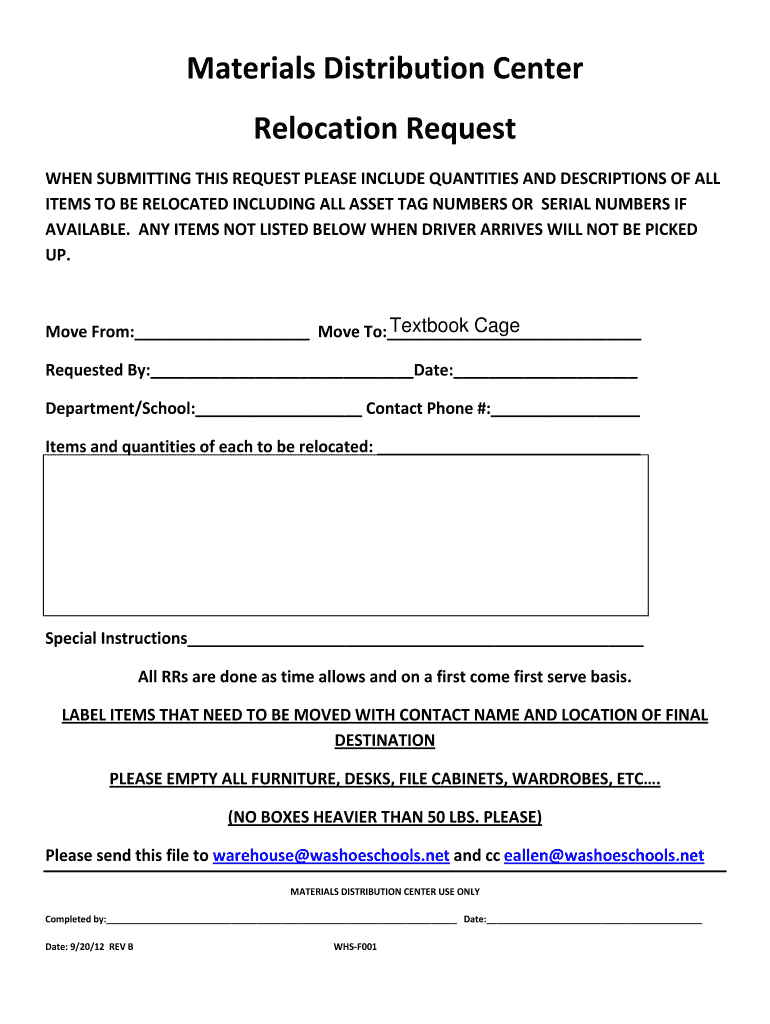 Fillable Online washoeschools schoolwires Materials Distribution Center