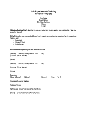 Job Experience Training Resume Template - washoeschools schoolwires