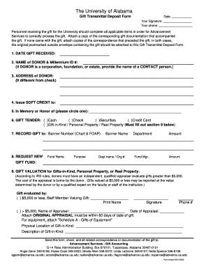 University of Alabama Gift Transmittal Deposit Form