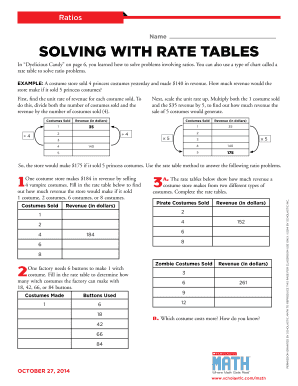 Math Worksheet - Ratios and Rate Tables