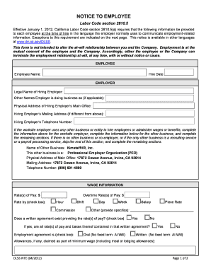 California Employee Notice to Employee Form