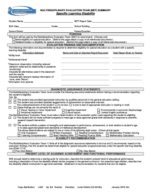 Multidisciplinary Evaluation Team Summary Form