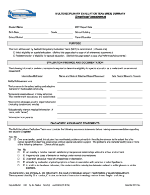 Multidisciplinary Evaluation Team (MET) Summary Form