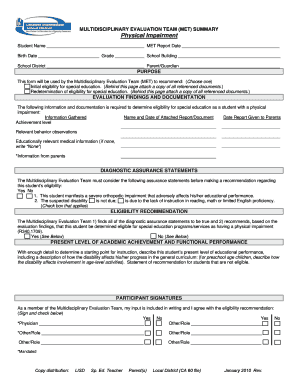 Multidisciplinary Evaluation Team Summary Form
