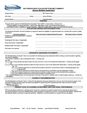 Multidisciplinary Evaluation Team (MET) Summary Form