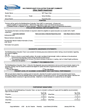 Multidisciplinary Evaluation Team (MET) Summary Form
