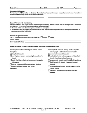 IEP Team Meeting Attendance Waiver Form