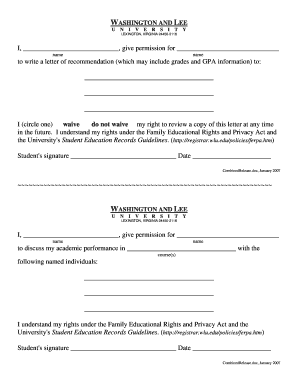 Washington and Lee University FERPA Release Form