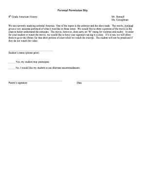 Parental Permission Slip for Amistad Movie