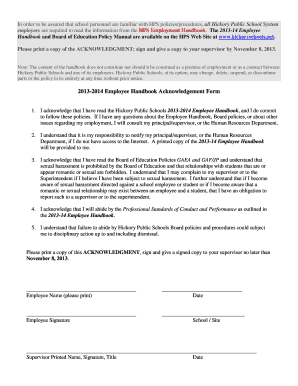 Hickory Public Schools Employee Handbook Acknowledgement Form