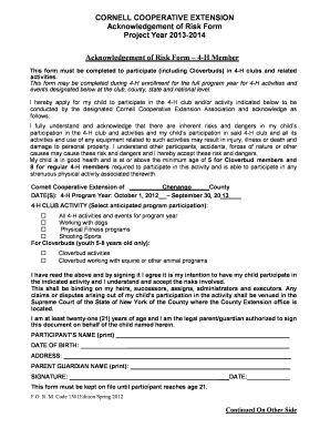 Cornell Cooperative Extension 4-H Risk Acknowledgement Form