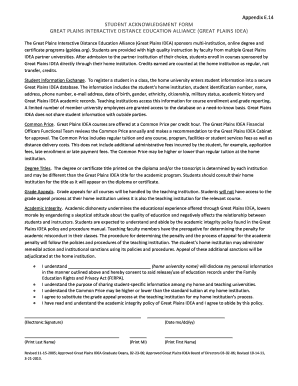 Great Plains IDEA Student Acknowledgment Form