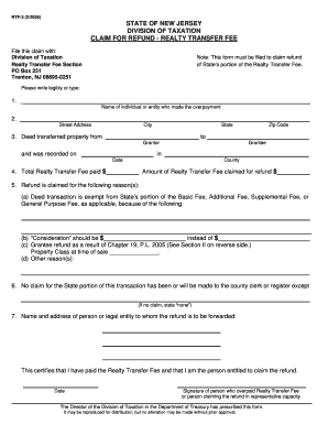 New Jersey Realty Transfer Fee Refund Claim Form
