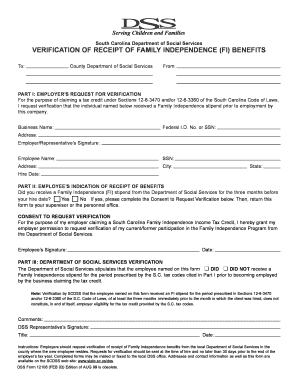 South Carolina Family Independence Benefits Verification Form