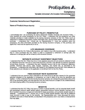 Variable Universal Life Insurance Acknowledgement Form