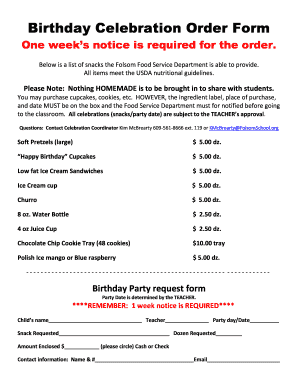 Birthday Celebration Order Form